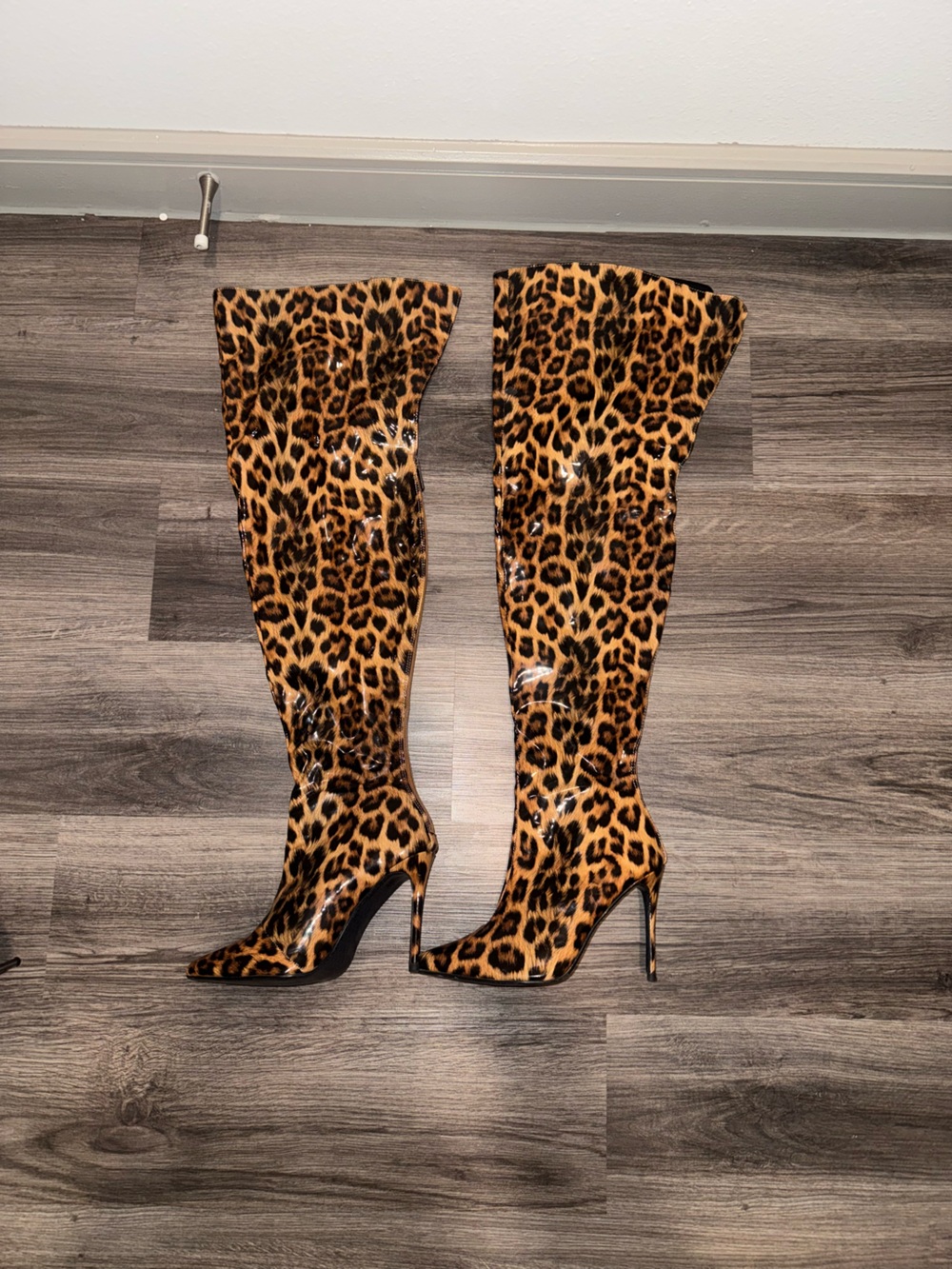 Leopard Print Over-the-Knee Stiletto Boots - Brown